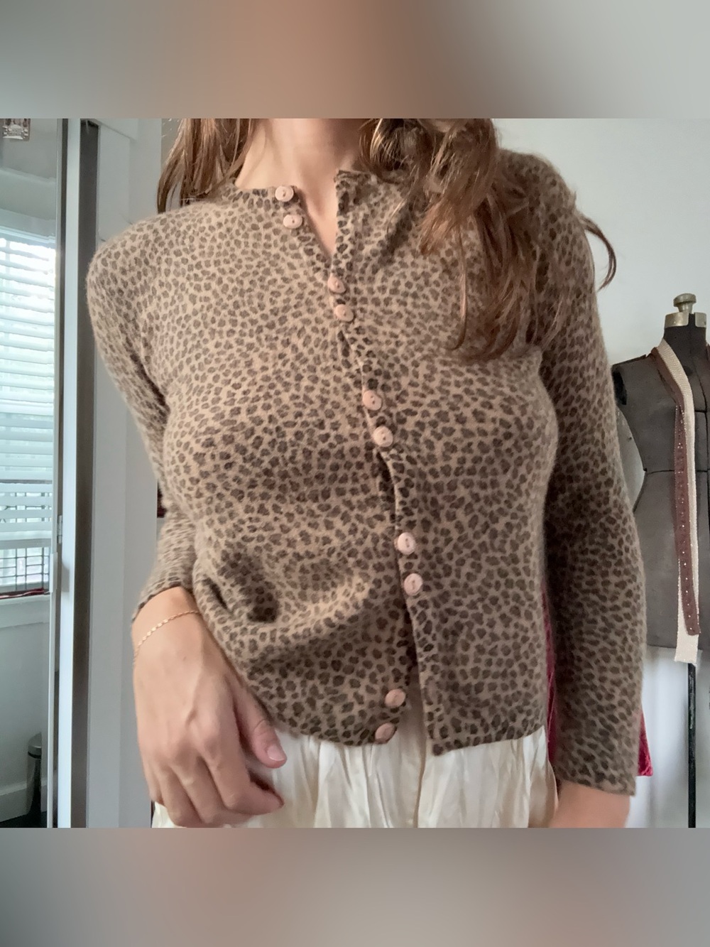 Vintage Nina Leonard Lambswool Angora Leopard Print Small Fit Cardigan S Button - Picture 2 of 7